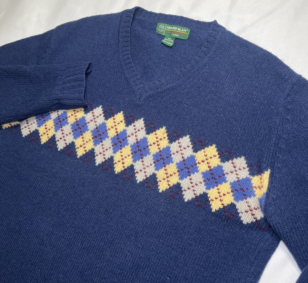 Vintage Grand Slam Sweater Men’s Size L Blue Wool Argyle Grandpa Woolmark READ**